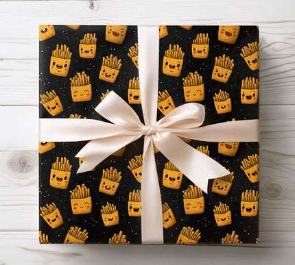 Playful smiling French fries pattern, perfect for fun and quirky gift wrapping. 