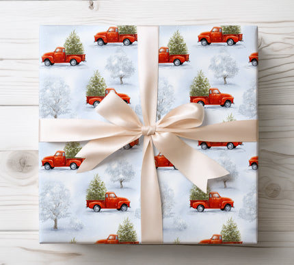 Vintage red truck carrying a Christmas tree, a nostalgic and festive holiday wrapping paper. 