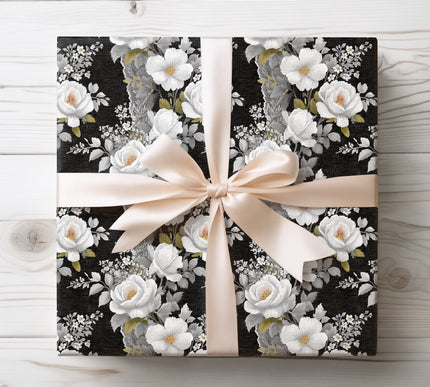 Stunning white floral lace against a bold black backdrop, perfect for elegant and dramatic gifts. 