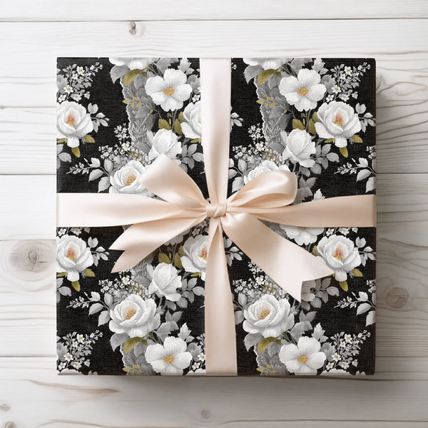 Midnight Lace - Intricate white blooms on a dramatic black background Gift Wrap