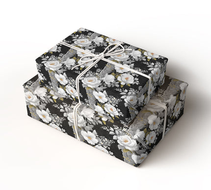 Midnight Lace - Intricate white blooms on a dramatic black background Gift Wrap