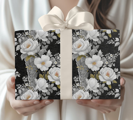 Midnight Lace - Intricate white blooms on a dramatic black background Gift Wrap