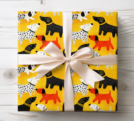 Joyful dogs in playful fantasy scenes, perfect for pet-themed gift wrapping. 
