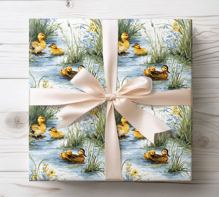 Sweet duck family swimming among reeds, perfect for nature lovers and rustic gift wrap. 