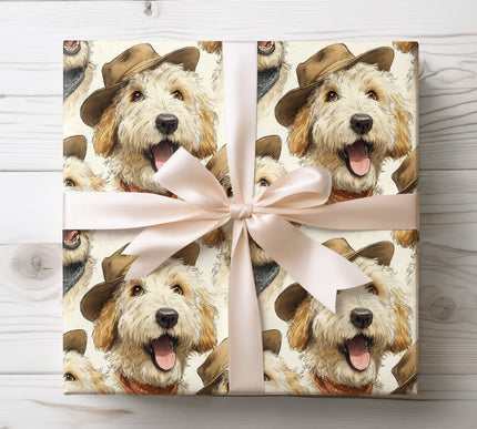 Charming golden doodle wearing a cowboy hat, ideal for playful western-themed gifts. 