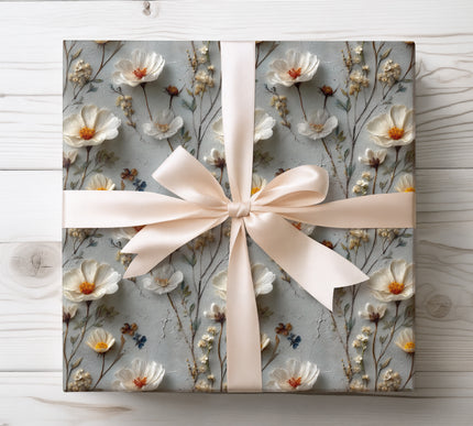 Soft oil painting of delicate wildflowers, ideal for artistic and elegant gift wrapping. 