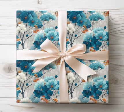 Sophisticated blue and white abstract floral branches design, perfect for elegant and modern gift wrapping occasions. 