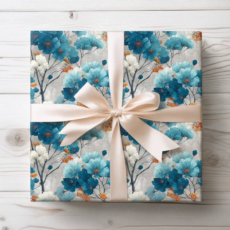 Azure Whisperveil - Blue and White Abstract Floral Branches Wrapping Paper