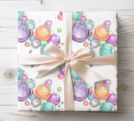 Dreamy iridescent bubbles creating a magical fantasy pattern, perfect for whimsical and enchanting gift wrap. 