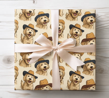 Playful golden doodle wearing a cowboy hat, perfect for dog lovers and fun western-themed gift wrap. 
