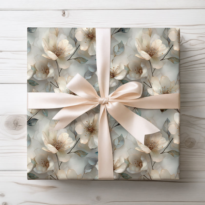 Moonlit Blossoms - Elegant Cream and Gold Magnolia Floral Pattern Wrapping Paper