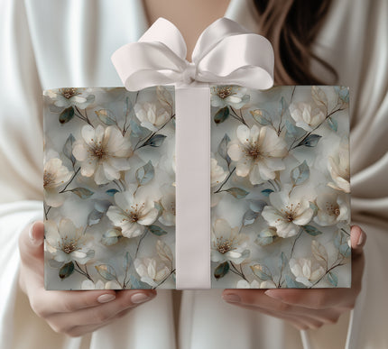 Moonlit Blossoms - Elegant Cream and Gold Magnolia Floral Pattern Wrapping Paper