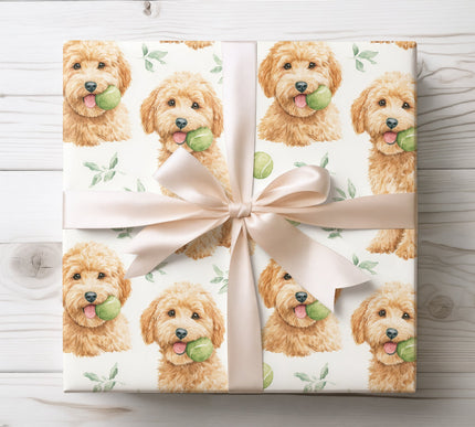 Charming golden doodle with tennis ball in soft watercolor style, perfect for playful and pet-themed gifts. 