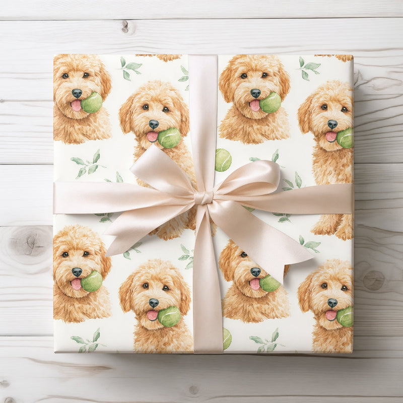 FetchFest - Watercolor Golden Doodle with Tennis Ball Wrapping Paper