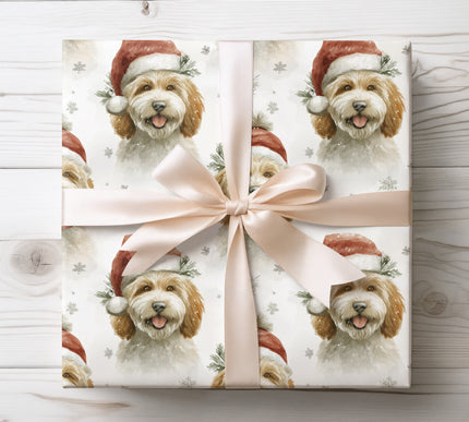 Cute snowy golden doodle design, perfect for cozy and festive Christmas gift wrapping. 