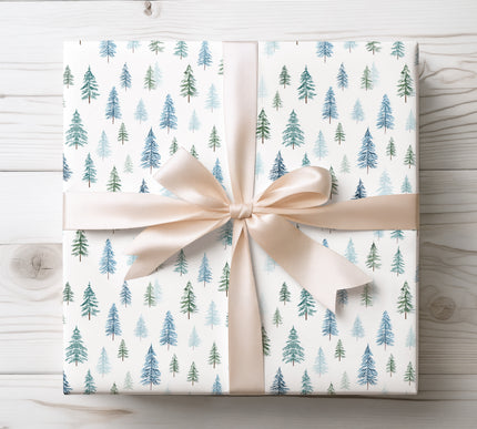 Elegant blue and green pine tree pattern evoking winter holiday charm, ideal for Christmas gifts. 