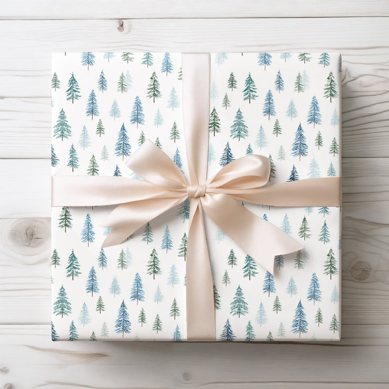 Frosted Pines – Blue and Green Winter Pine Tree Christmas Wrapping Paper