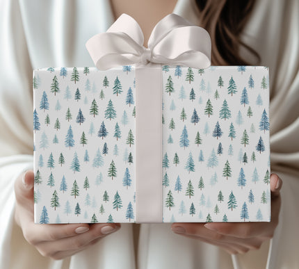 Frosted Pines – Blue and Green Winter Pine Tree Christmas Wrapping Paper
