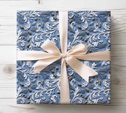 Luxurious embossed pinecone design in deep blue hues, perfect for upscale holiday gift wrapping. 