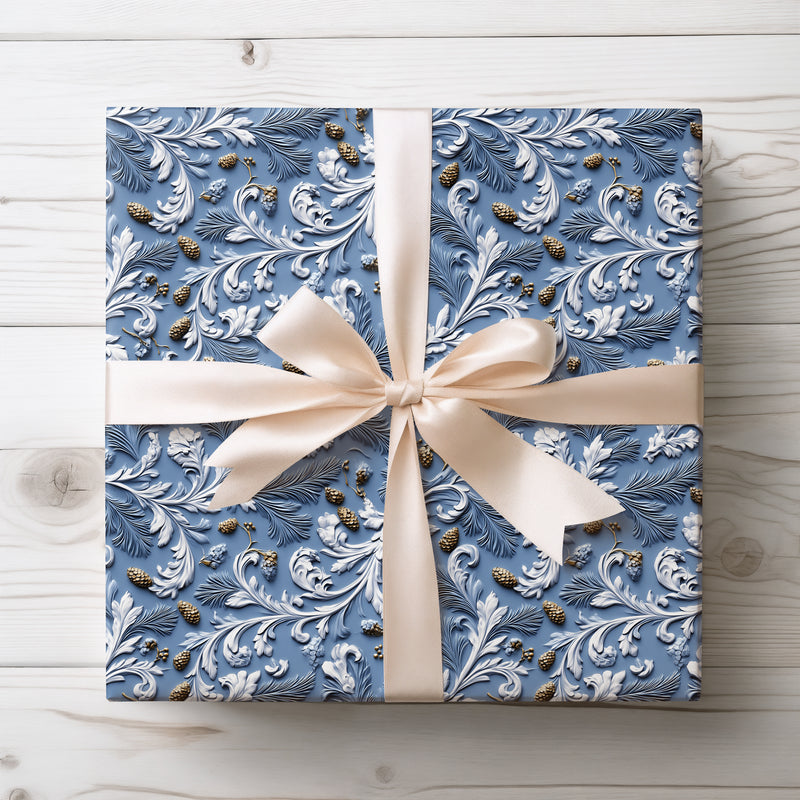 Frostpine Elegance - Luxurious Blue Embossed Pinecone Wrapping Paper