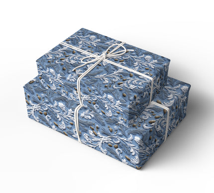 Frostpine Elegance - Luxurious Blue Embossed Pinecone Wrapping Paper