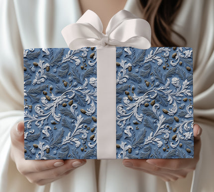 Frostpine Elegance - Luxurious Blue Embossed Pinecone Wrapping Paper