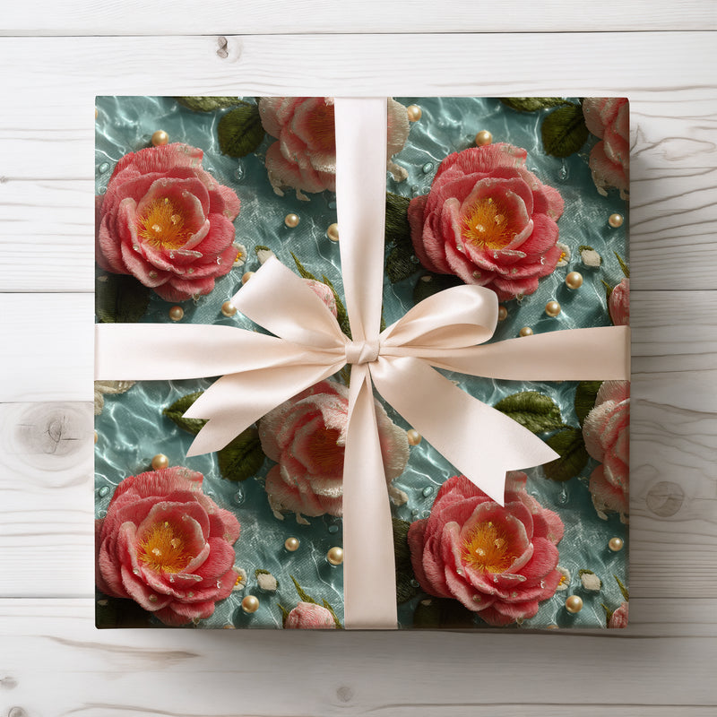 Golden Bloomscape - Enchanted Water-Embroidered Floral Wrapping Paper