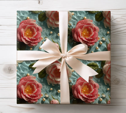 Enchanting floral design with watercolor and embroidered effects, ideal for romantic and elegant gift wrapping. 