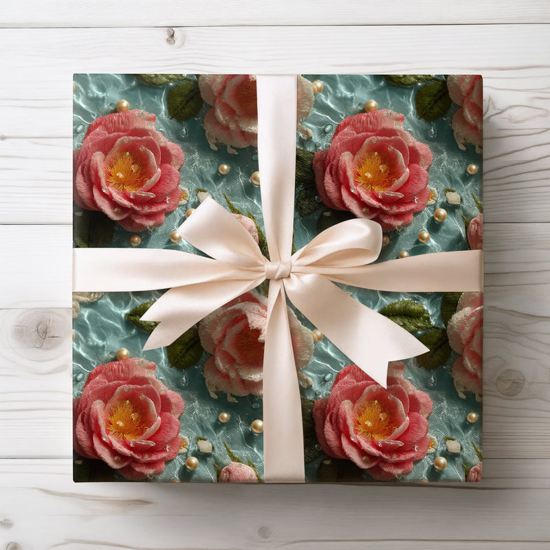 Golden Bloomscape - Enchanted Water-Embroidered Floral Wrapping Paper