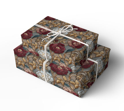 Gilded Garden - Ornate White Gold and Red Rose Stained Glass Wrapping Paper