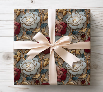 Ornate stained glass-inspired design featuring white gold and red roses, ideal for romantic and formal gift wrap. 