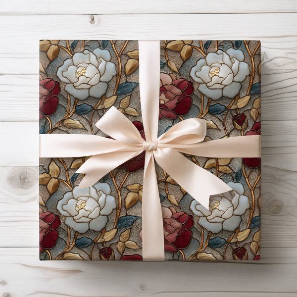 Gilded Garden - Ornate White Gold and Red Rose Stained Glass Wrapping Paper