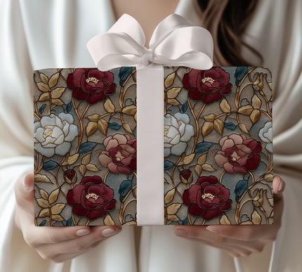 Gilded Garden - Ornate White Gold and Red Rose Stained Glass Wrapping Paper