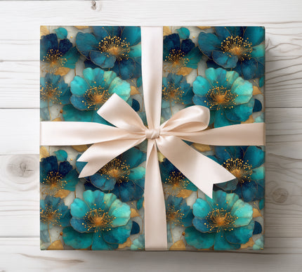 Opulent sapphire blue and gold floral pattern, perfect for regal and elegant gift wrapping. 