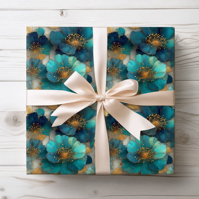 Gilded Sapphire Blooms - Luxurious Gold and Blue Floral Wrapping Paper