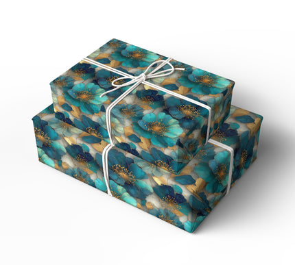 Gilded Sapphire Blooms - Luxurious Gold and Blue Floral Wrapping Paper