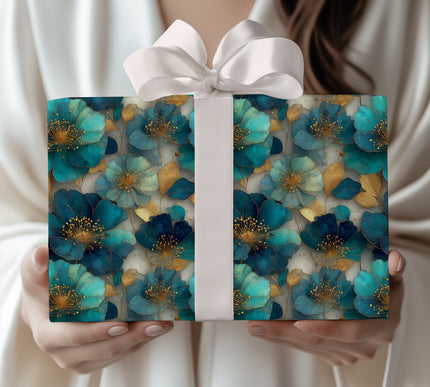 Gilded Sapphire Blooms - Luxurious Gold and Blue Floral Wrapping Paper