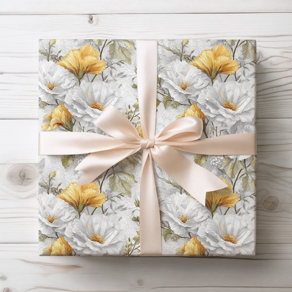 Golden Blossoms - Elegant white and yellow flowers with a vintage touch Wrapping paper
