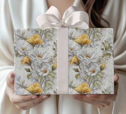 Golden Blossoms - Elegant white and yellow flowers with a vintage touch Wrapping paper