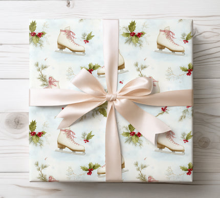 Festive ice skates adorned with holly, perfect for winter holiday and Christmas gift wrapping. 