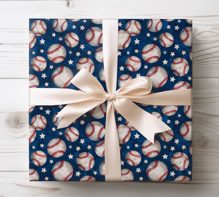 Classic vintage baseball-themed wrapping paper, perfect for sports fans and nostalgic gift giving. 