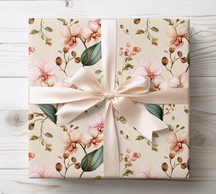 Delicate ivory orchid floral design, perfect for refined and elegant gift wrapping occasions. 