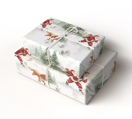North Pole Playtime - Watercolor Santa and Dog Wrapping Paper