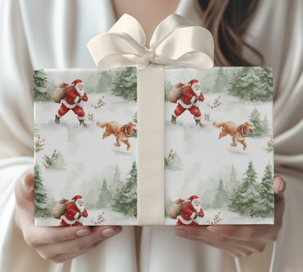 North Pole Playtime - Watercolor Santa and Dog Wrapping Paper