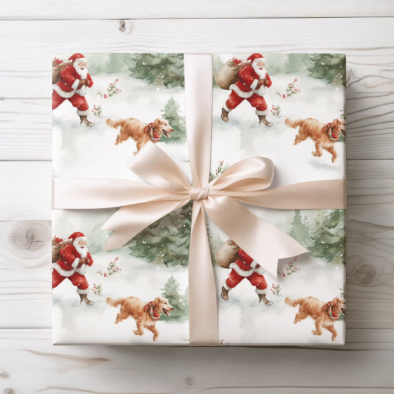 North Pole Playtime - Watercolor Santa and Dog Wrapping Paper