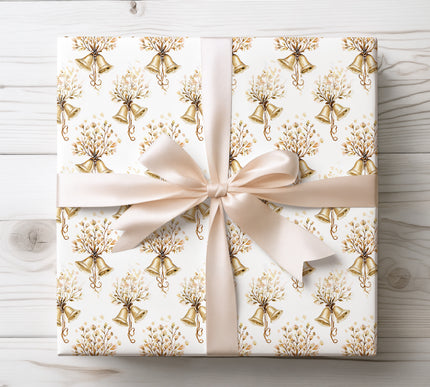 Ring in elegance with Golden Chime, featuring golden bells and beige floral bouquets in a seamless pattern. Perfect for weddings, Christmas, anniversaries, and timeless celebrations. A luxurious wrap that adds sparkle to every occasion. 
