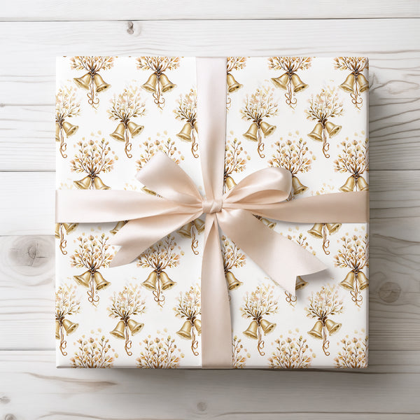 Golden Chime – Golden bells and beige floral bouquet seamless pattern wrapping paper
