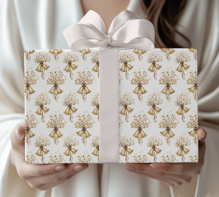 Ring in elegance with Golden Chime, featuring golden bells and beige floral bouquets in a seamless pattern. Perfect for weddings, Christmas, anniversaries, and timeless celebrations. A luxurious wrap that adds sparkle to every occasion. 