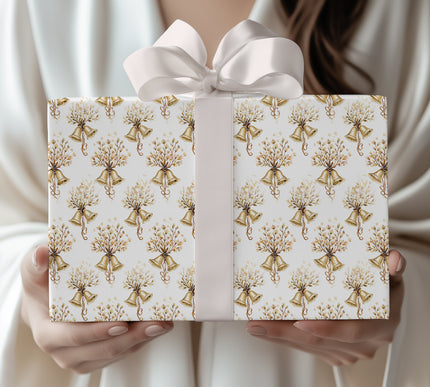 Golden Chime – Golden bells and beige floral bouquet seamless pattern wrapping paper