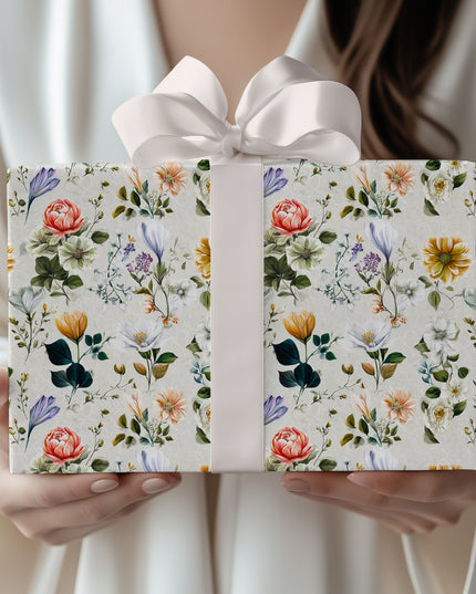 FloraWeave – Bright hand-drawn florals layered with subtle lace patterns Wrapping Paper